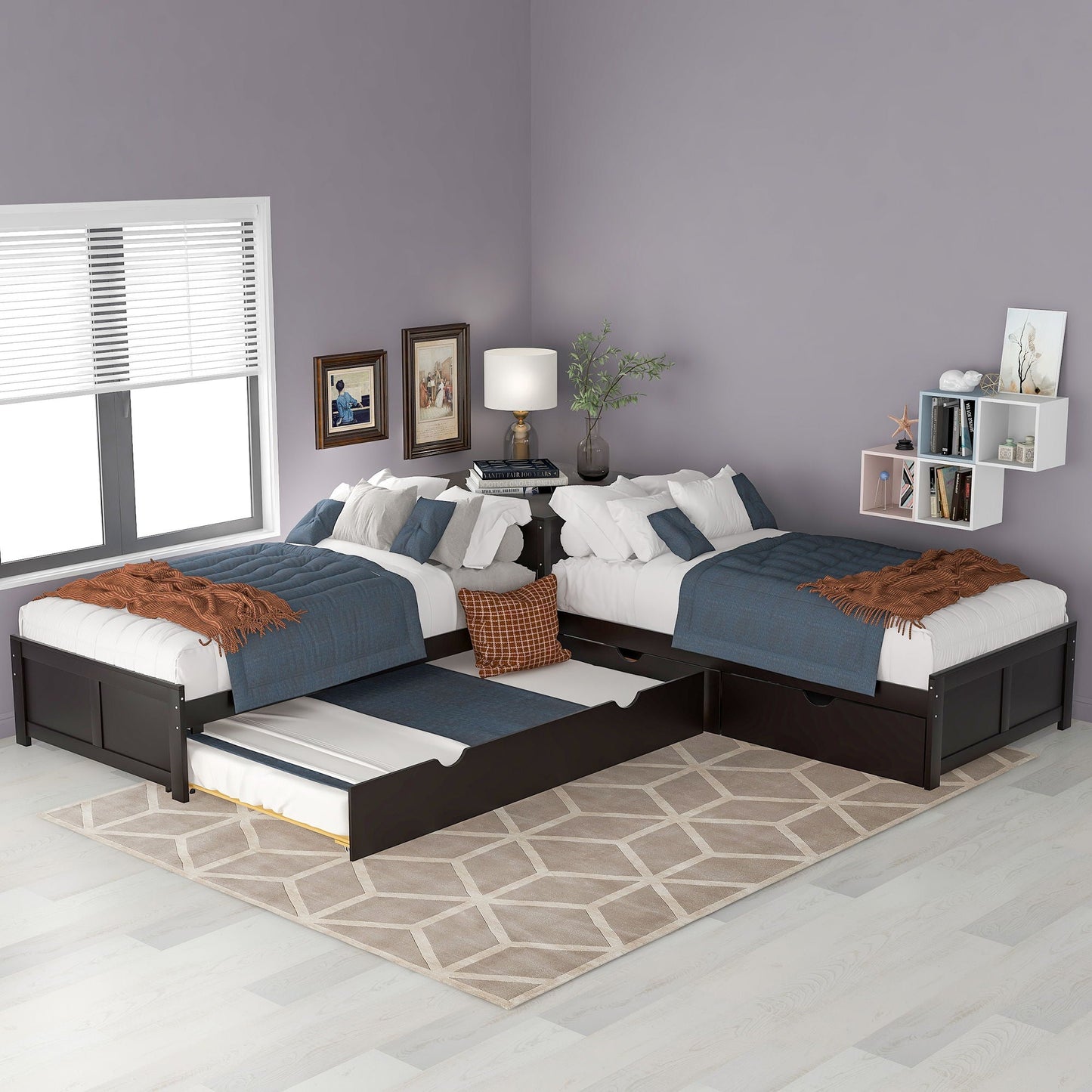 L Shaped Platform Bed With Trundle And Drawers Linked With Built In Desk