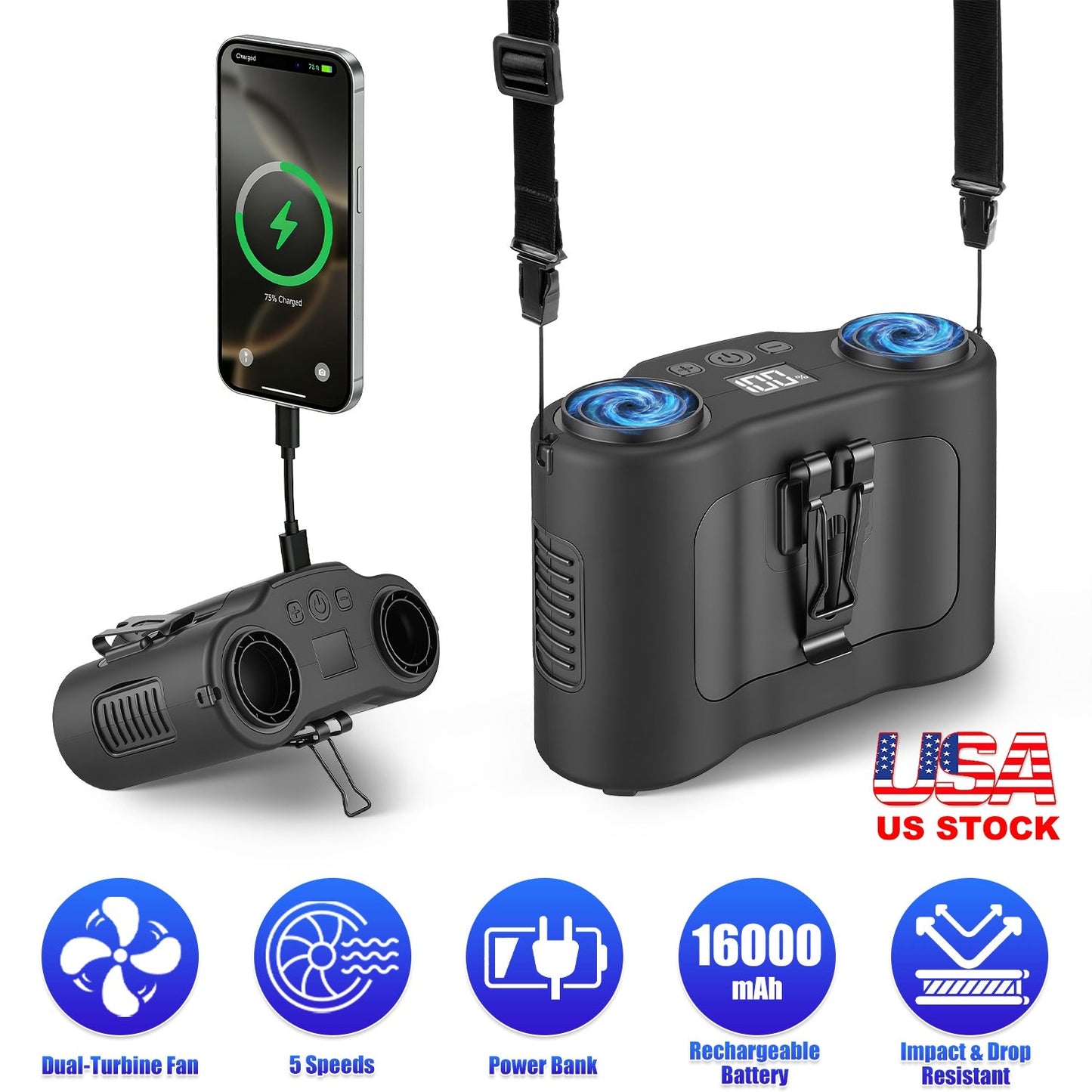 Wearable Waist Fan with 16000mAh Power Bank & Dual Turbines