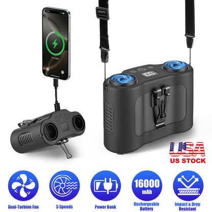 Wearable Waist Fan with 16000mAh Power Bank & Dual Turbines