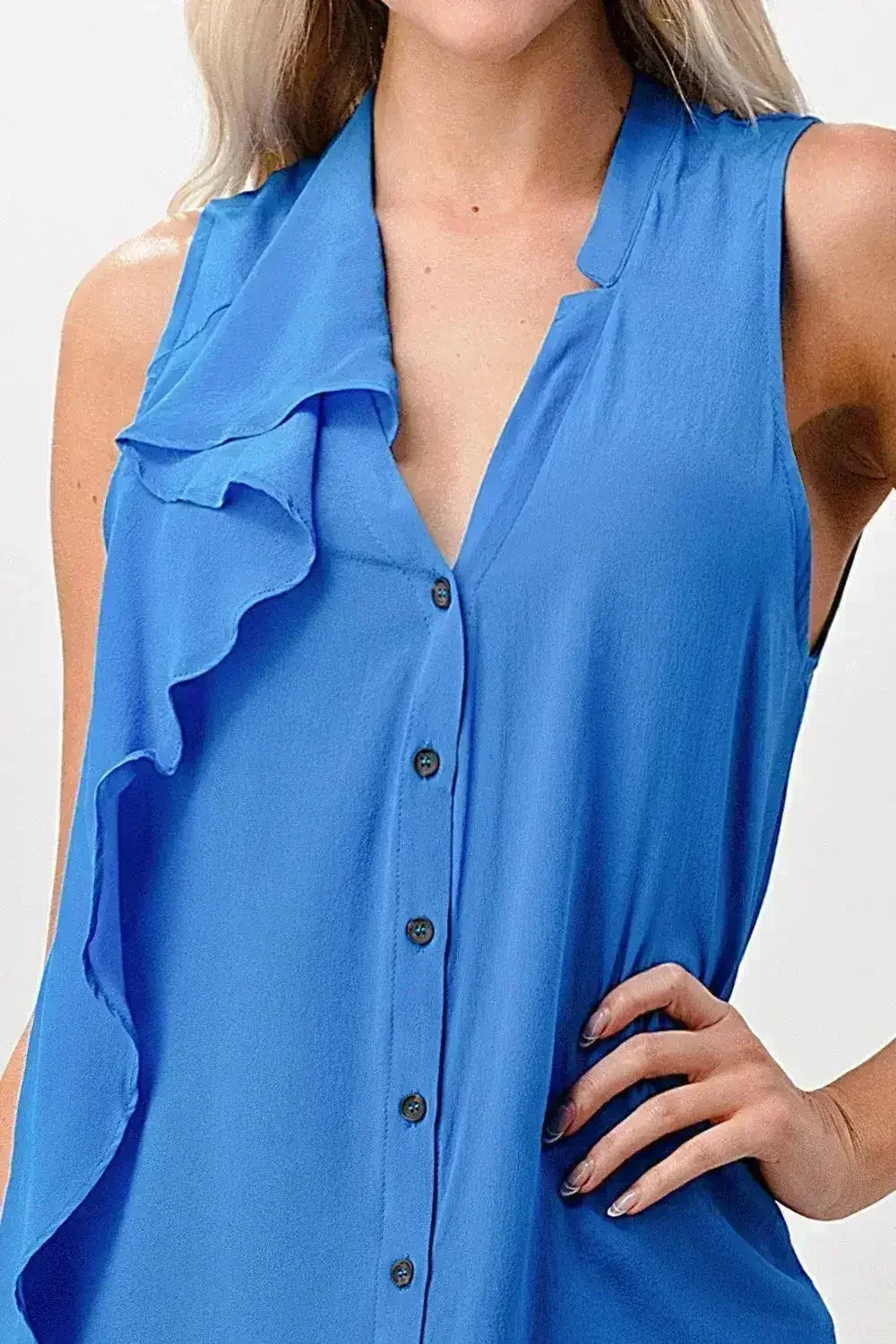Silk Sleeveless Ruffle Blouse - Asymmetrical Button-Up Top in Orange & Blue | Femstylo