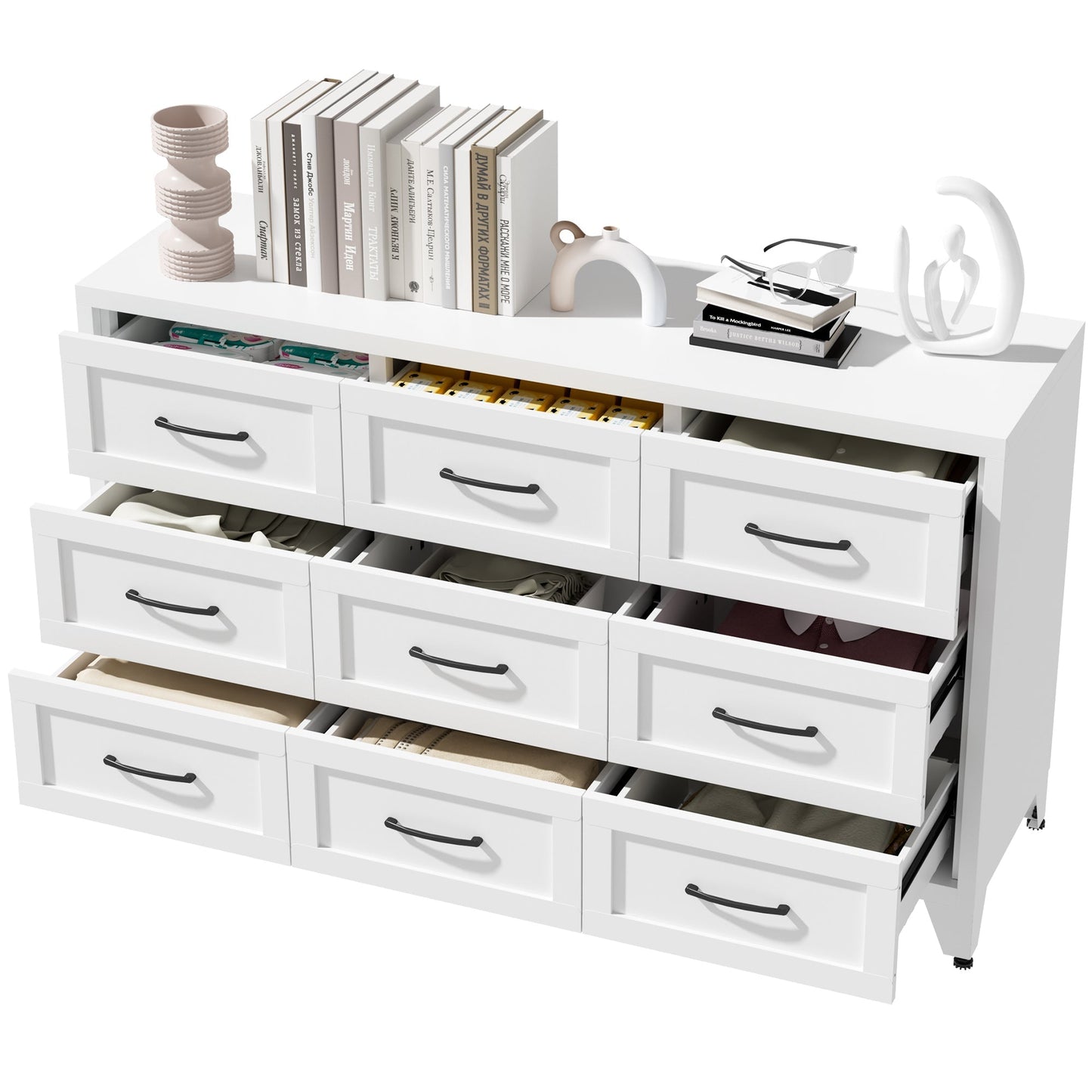 9 Drawer White Metal Dresser with Quiet-Glide Rails