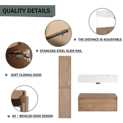 Contemporary Wall Mounted Bathroom Vanity With Resin Sink And 2 Side Cabinet - Imitative Oak