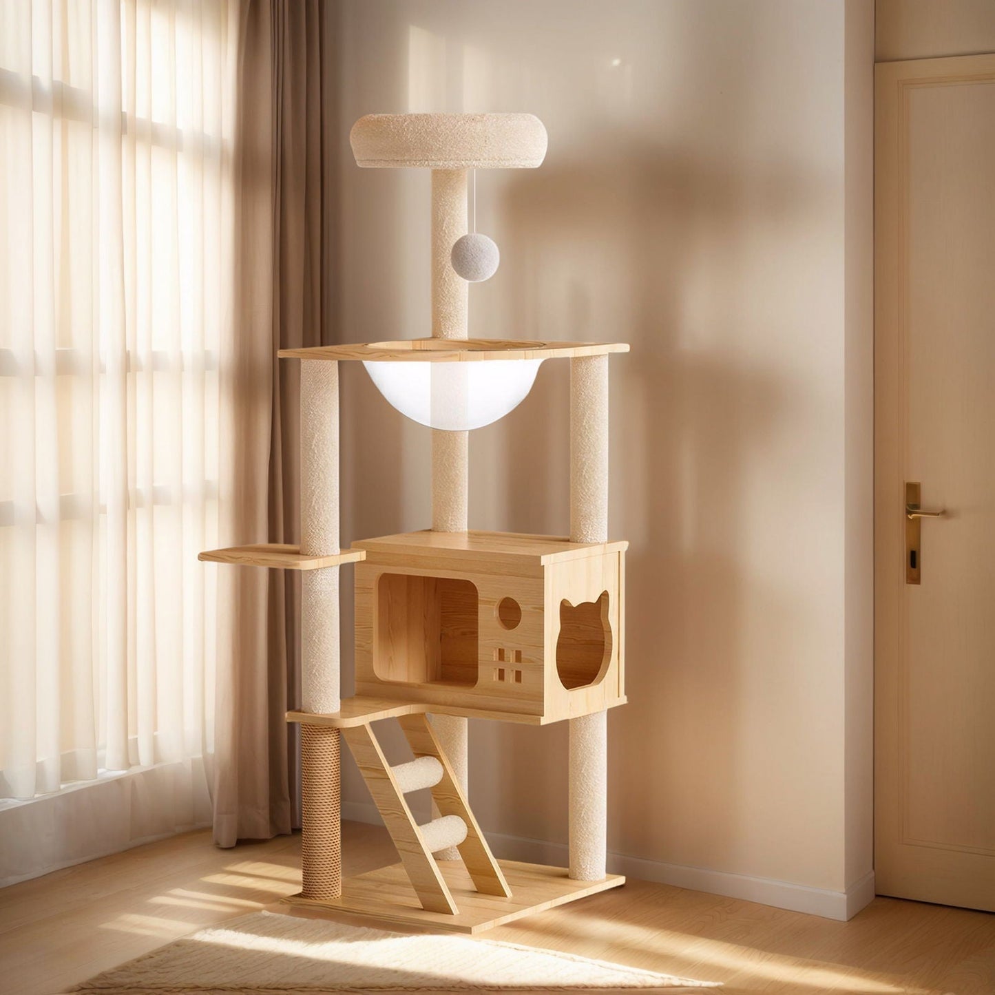 Modern Cat Tower, Wood Cat Tree Tower For Indoor Cats, Cat Tree With Sisal Covered Scratching Posts And Top Perch - Natural / White