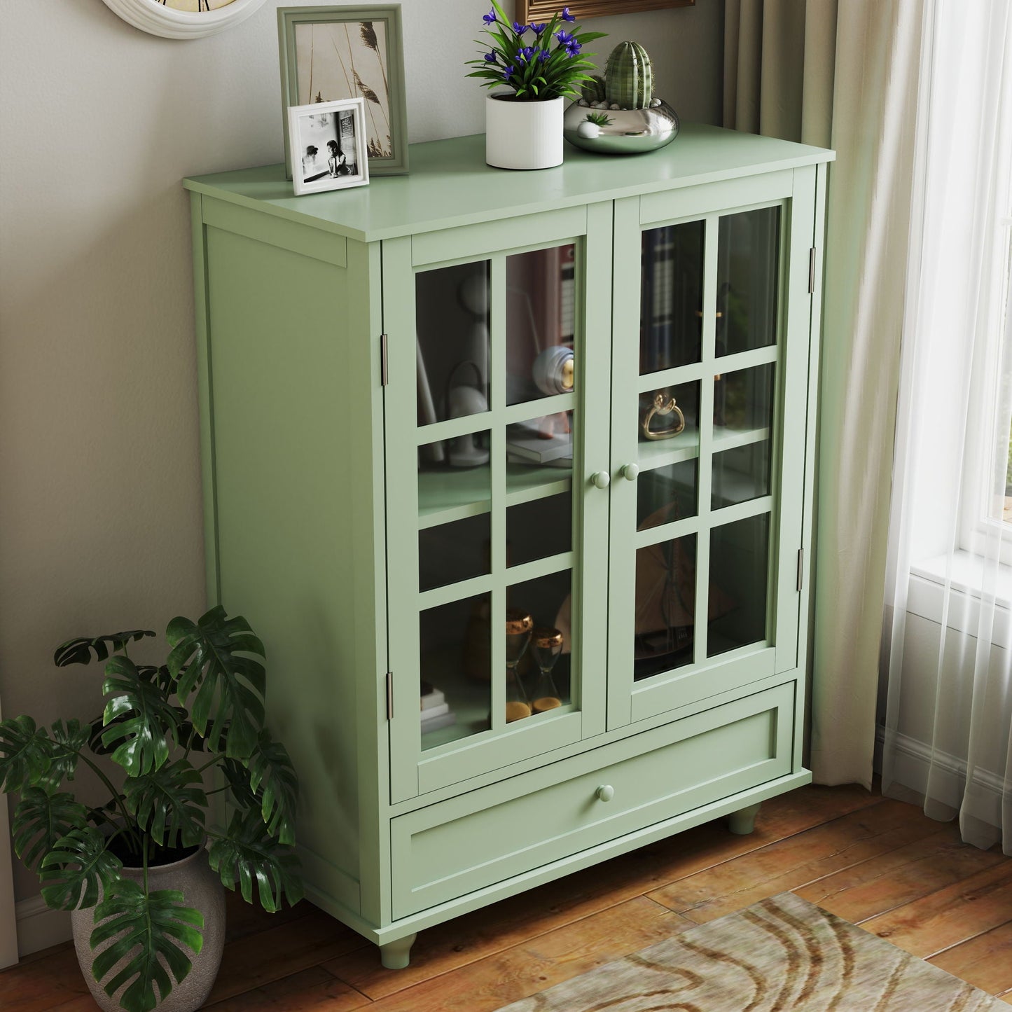 Minimalist Buffet Cabinet With Double Glass Doors And Drawer