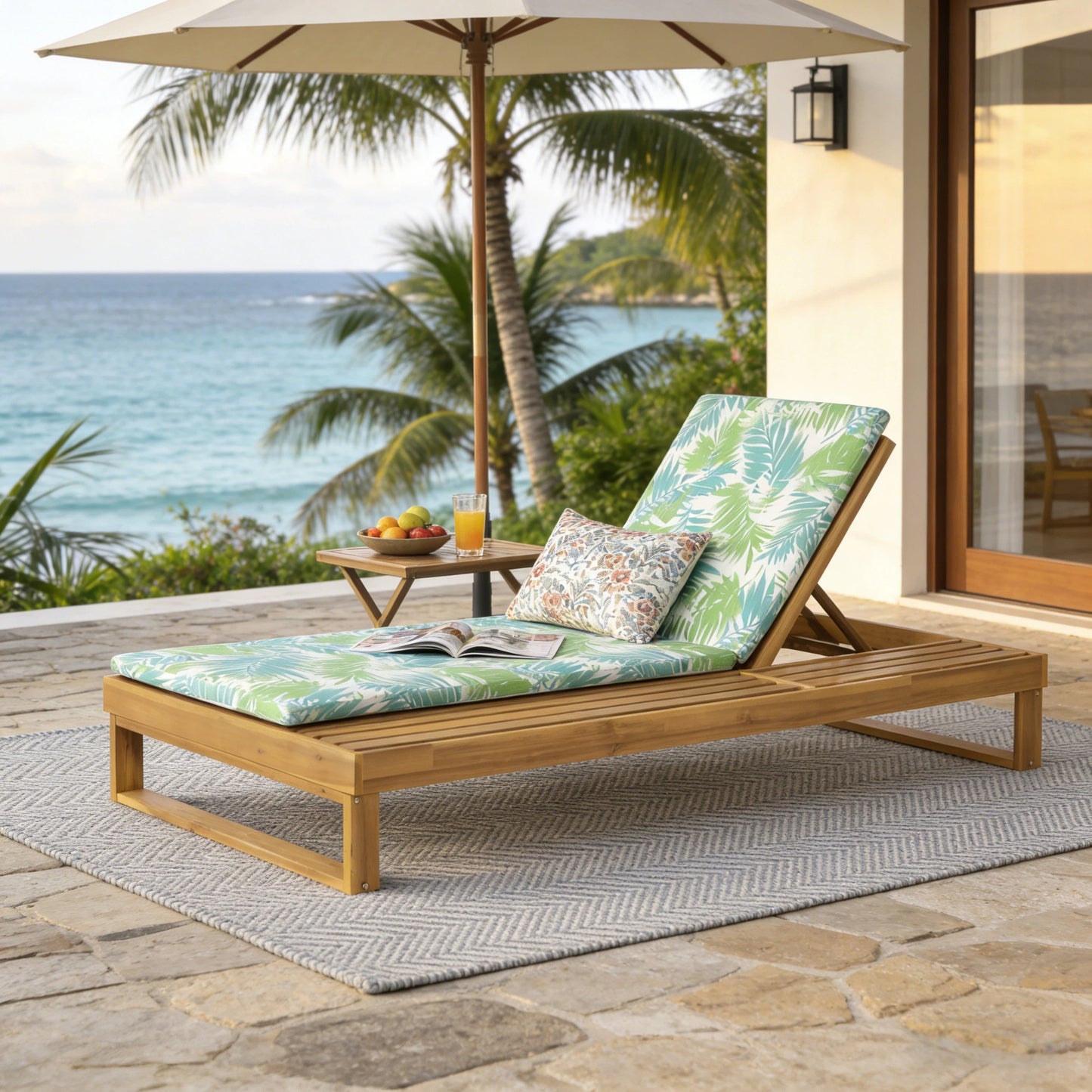 Teak Finish Acacia Wood Chaise Lounge with Leaf Coconut Cushion