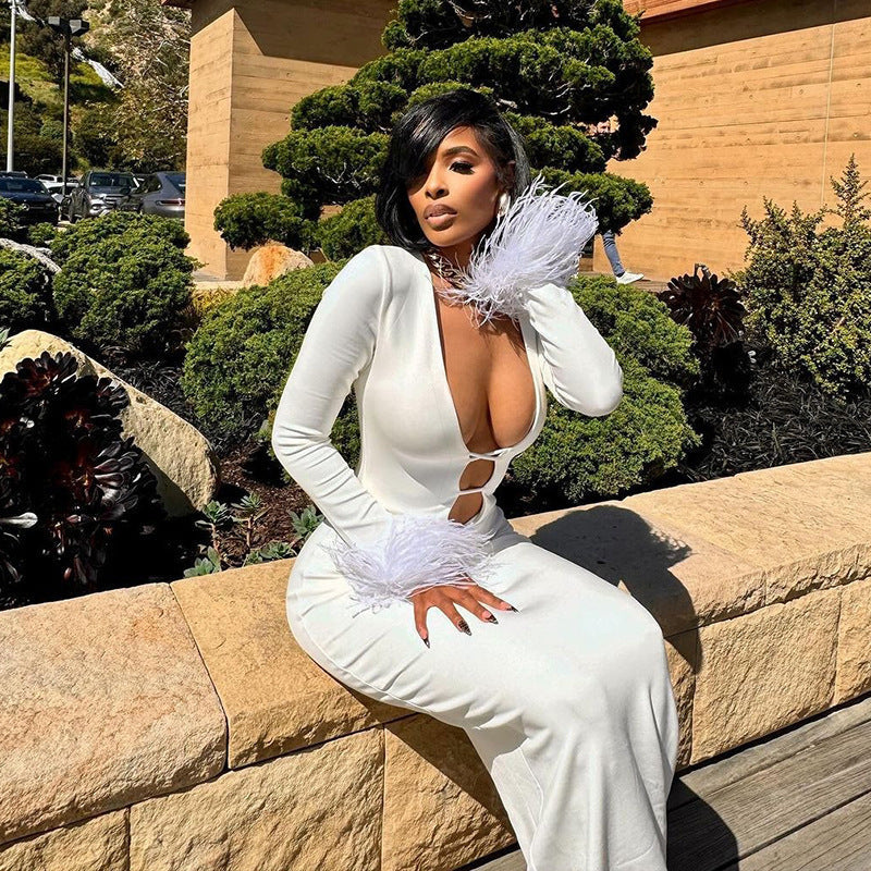 New sexy White Autumn U bust line Hollow Feather sleeves Long Dress for women