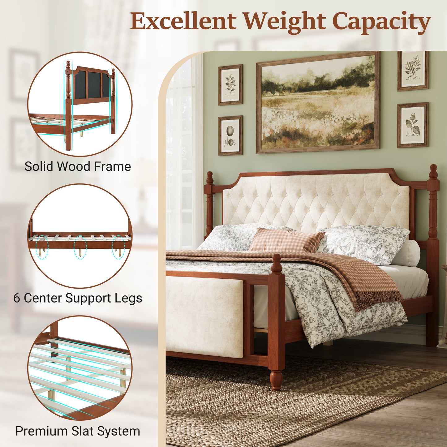 King Size Upholstered Platform Bed with Button Tufted Headboard