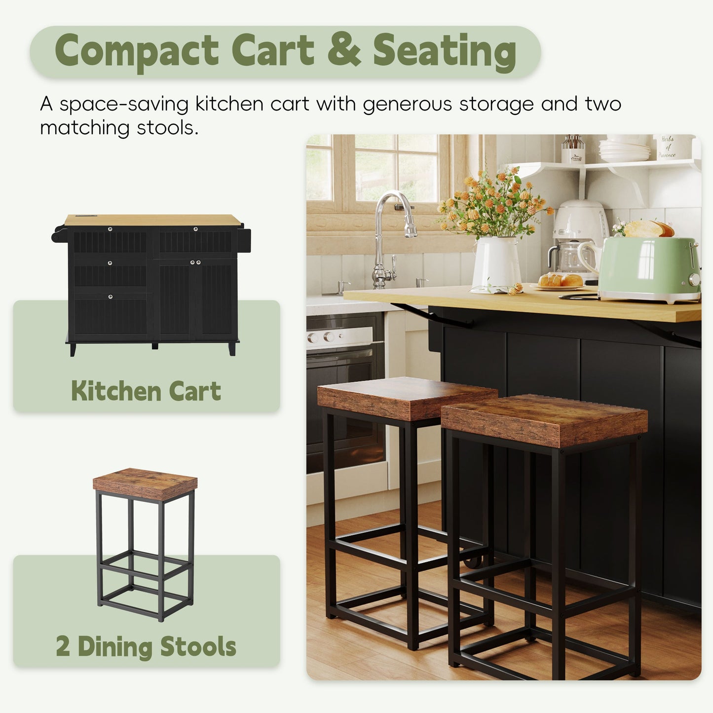 TOPMAX Farmhouse Kitchen Island with Drop Leaf and 2 Seatings