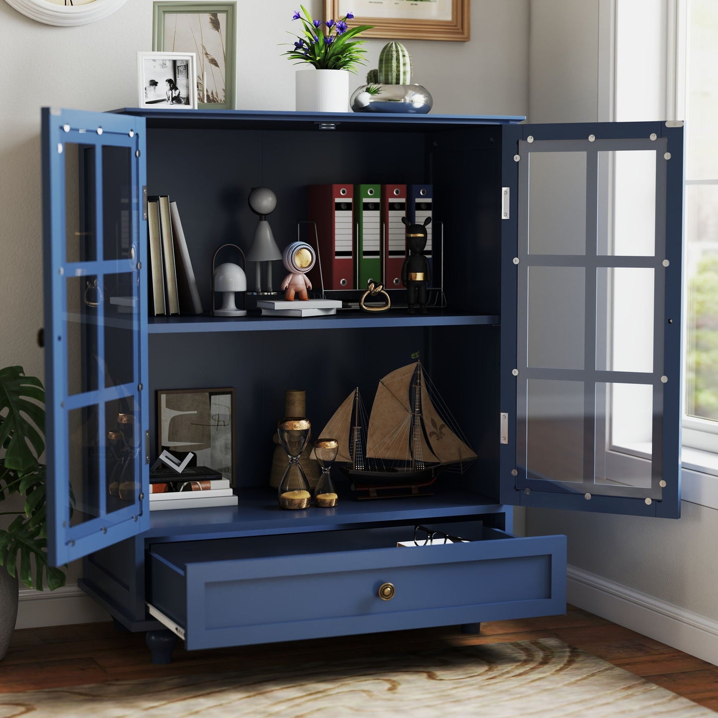 Minimalist Buffet Cabinet With Double Glass Doors And Drawer