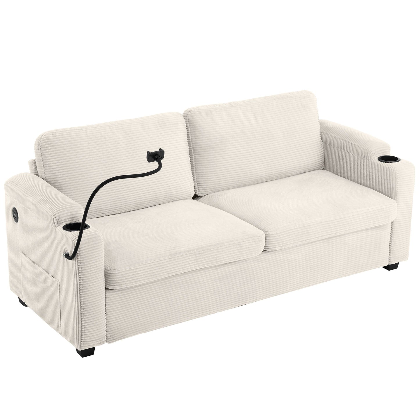 Sleeper Sofa Loveseat Sofa With Full Size Mattress, 2 USB Ports, 2 Cup Holders, 2 Side Pockets And Phone Holder