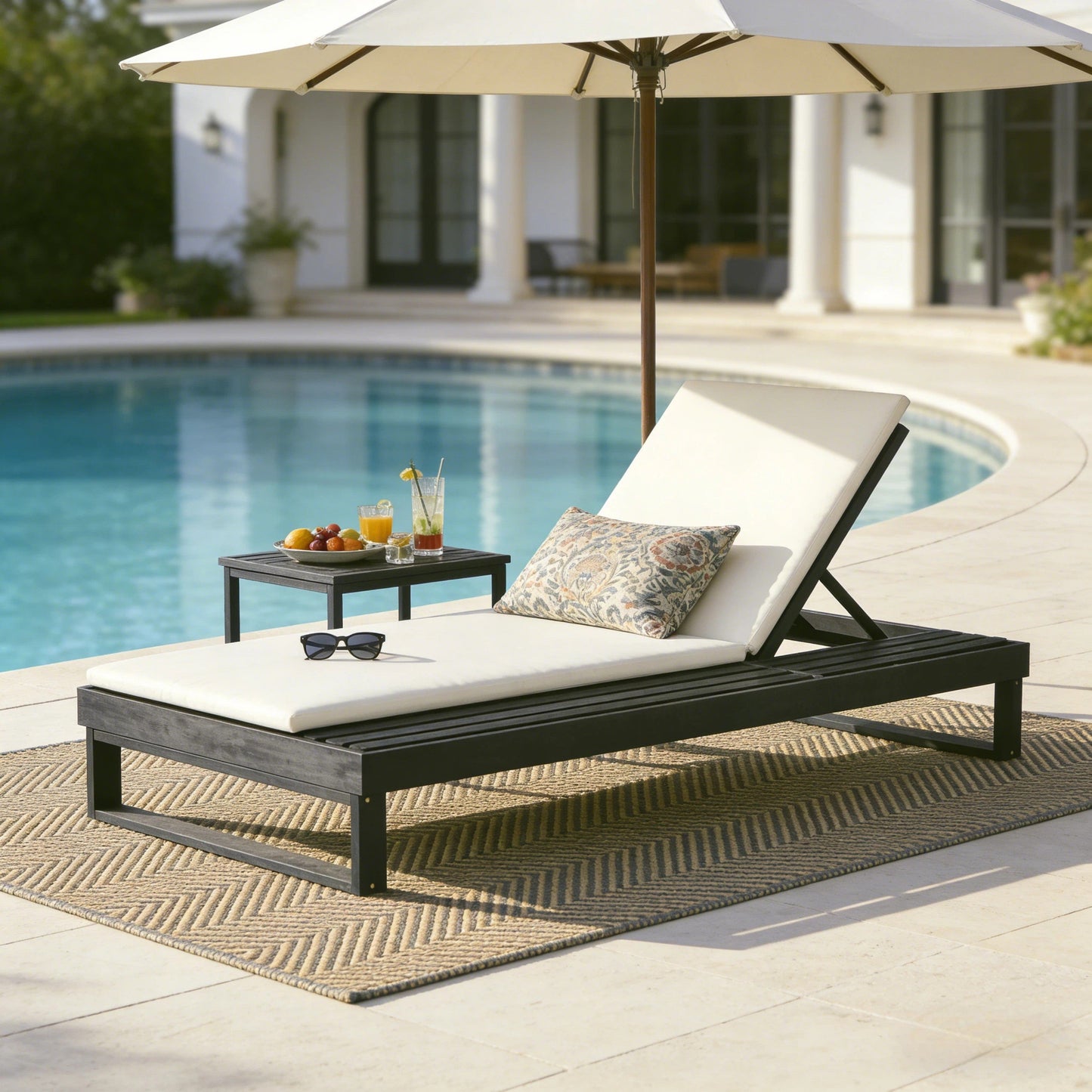 Black Acacia Wood Chaise Lounge with 1.57-Inch Cushions