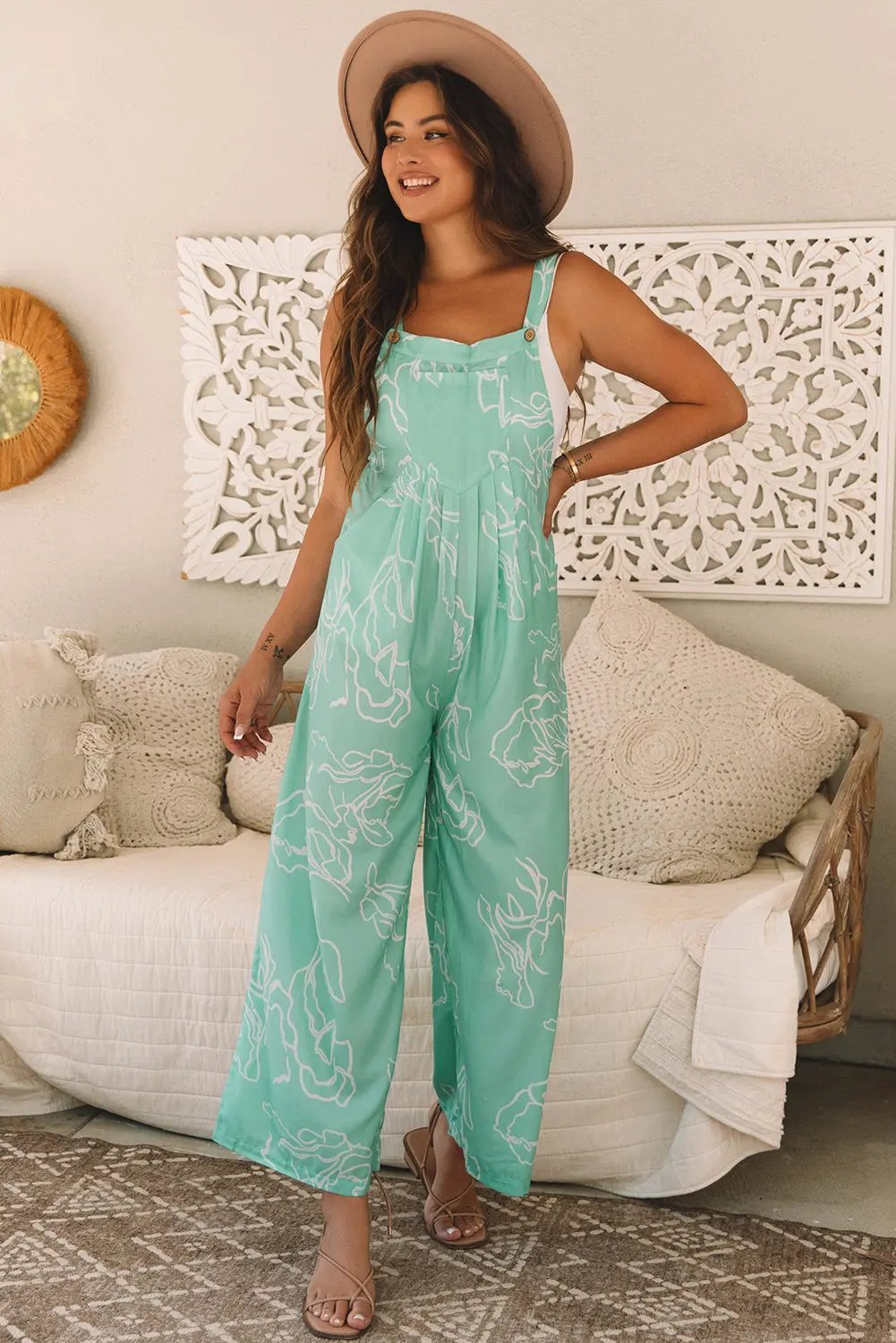 Women's Jumpsuits & Rompers Overalls Jumpsuit - Green Printed Wide Leg - Casual Style