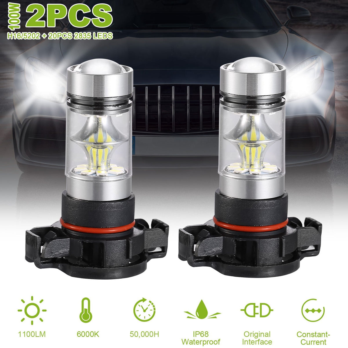 2PCS 1100LM 100W 5202 H16 LED Fog DRL Light Bulb IP68 Waterproof 20 2835 LEDs 360¡ Beam Angle 6000K White