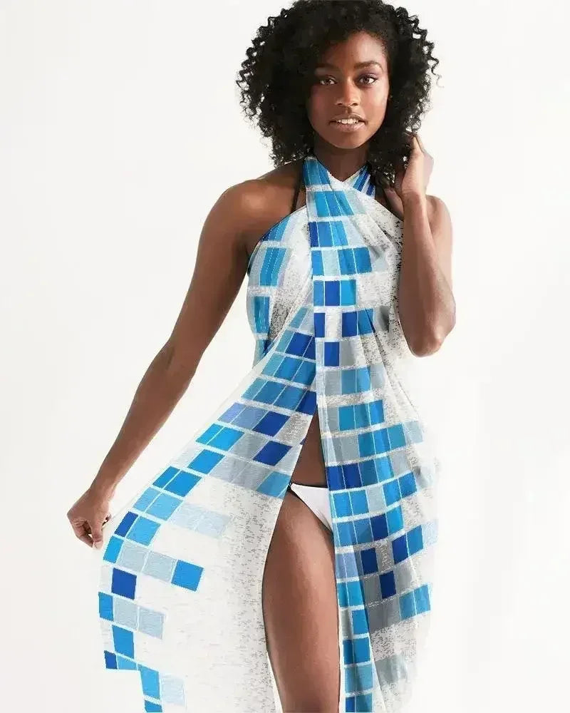 Sheer Mosaic Squares Blue and White Swimsuit Cover Up