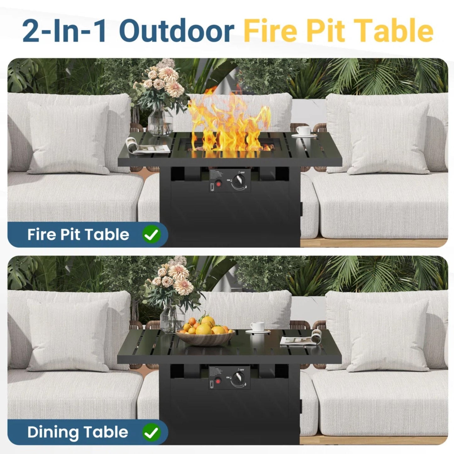 Square 2 In 1 Outdoor Propane Fire Pit Table With Stainless Burner, Lava Rocks, Lid & Waterproof Cover - Black