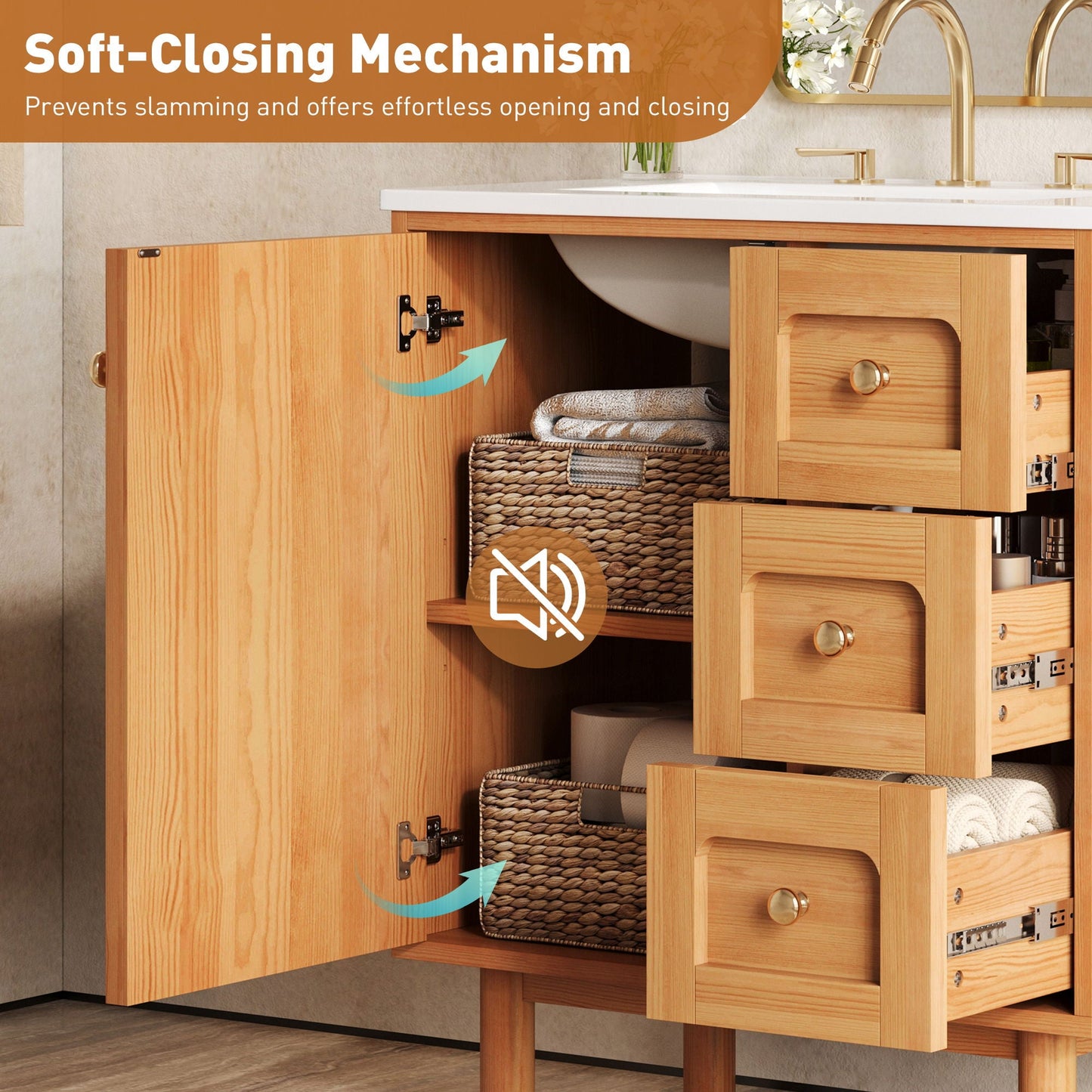 Bathroom Vanity With Sink, 3 Drawers, Soft Close Door - Natural Wood