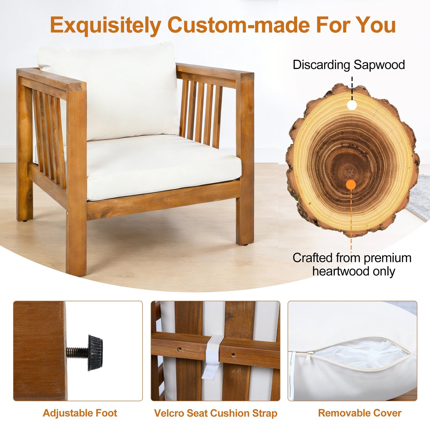 Outdoor Acacia Wood Club Chair with Modern Square Arms