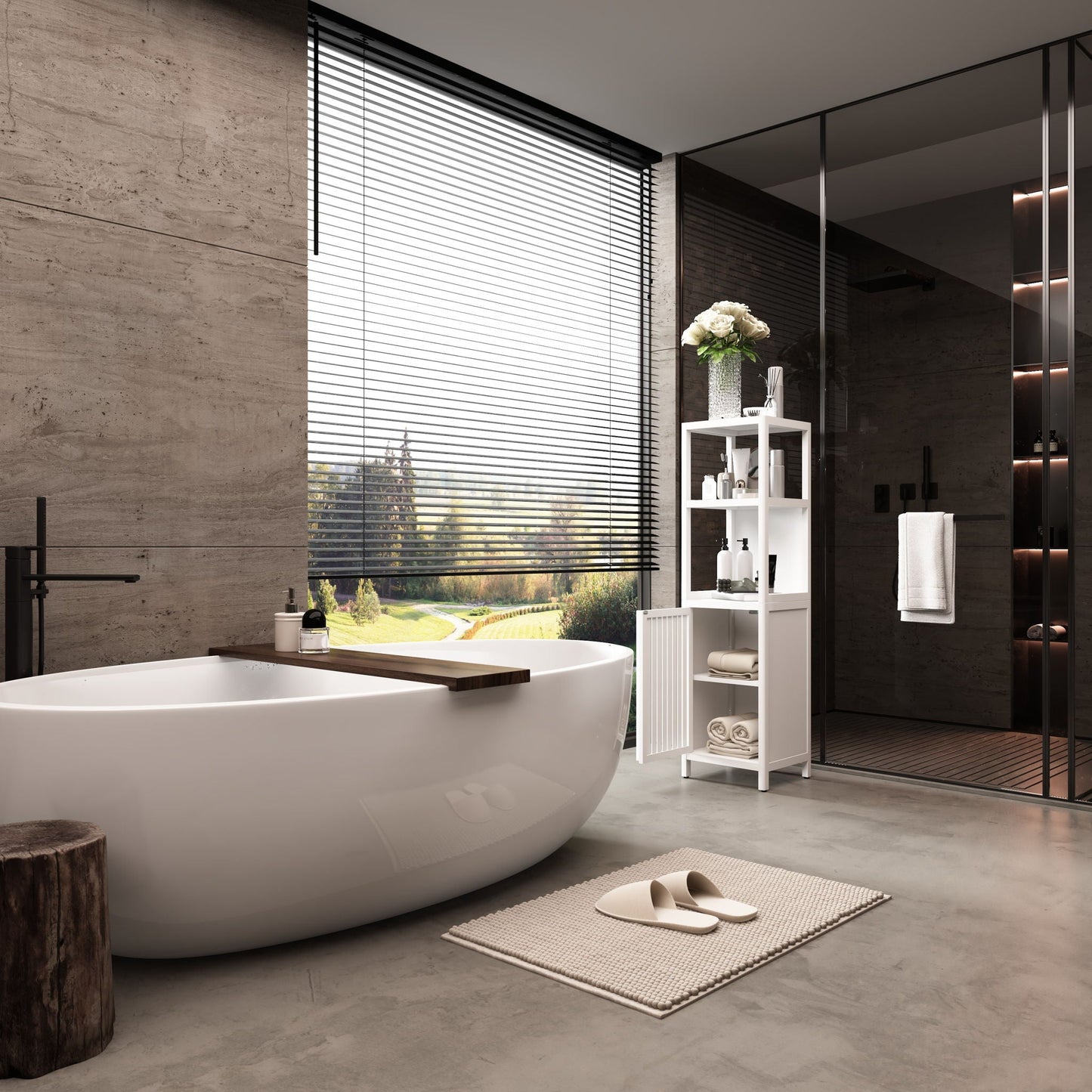 Storage Cabinet With Tall Tower, Multifunctional For Bathroom