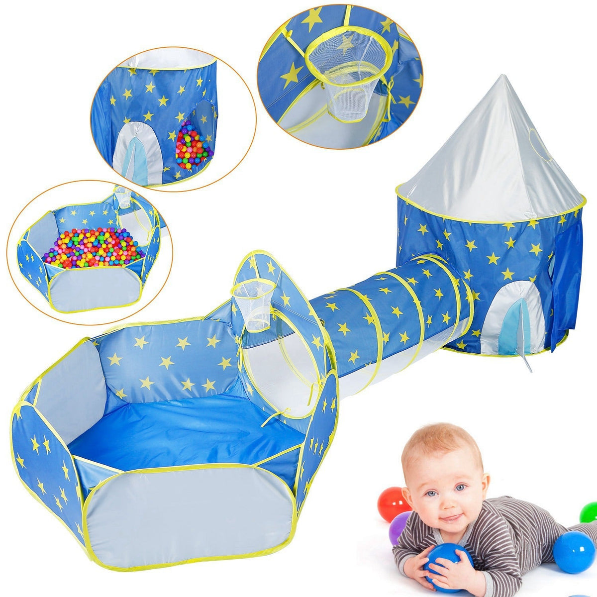 3 In 1 Child Crawl Tunnel Tent Kids Play Tent Ball Pit Set Foldable Children Play House Pop-up Kids Tent w/Storage Bag For Indoor Outdoor Travel Use
