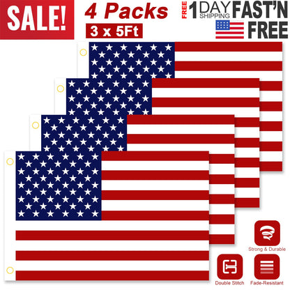 4 Pcs 3 x 5 Ft American US Flags Vivid Color and UV Fade Resistant Canvas Header Double Stitched with Brass Grommets for Indoor Outdoor