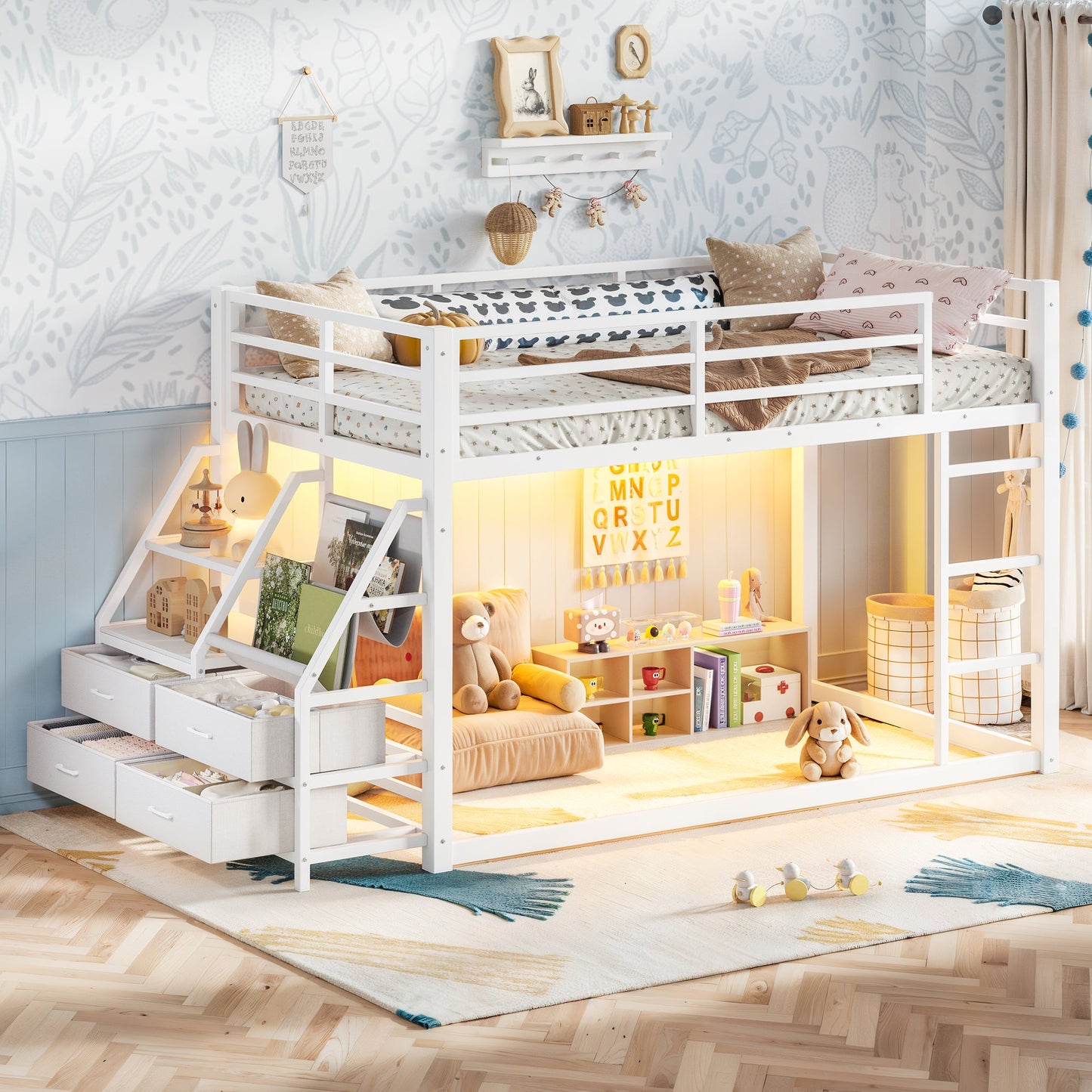 Twin Over Twin Bunk Bed with Storage Shelves and Drawers