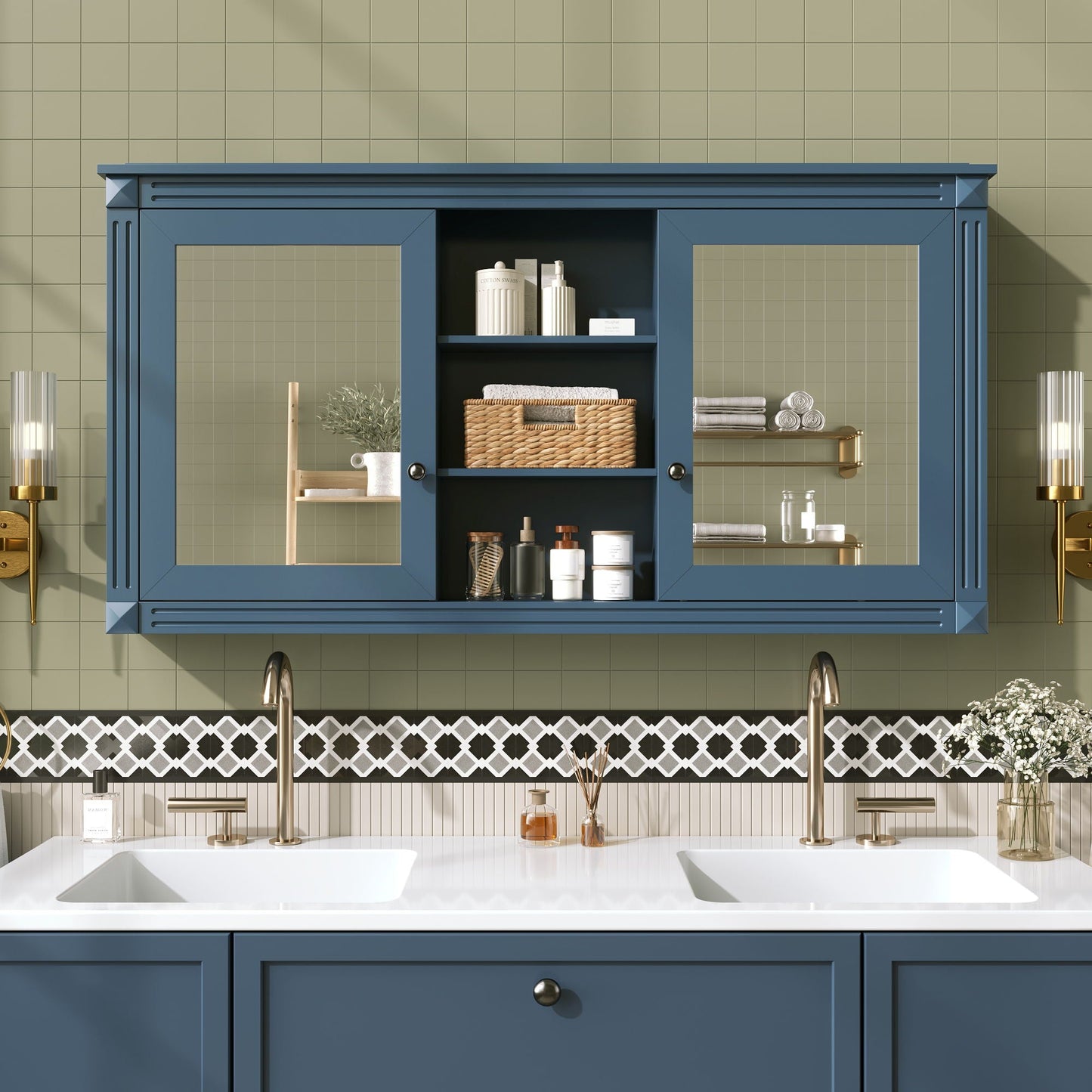 Modern Wall-Mount 2 In 1 Mirror Cabinet With Adjustable Shelves, Soft-Closing Hinges