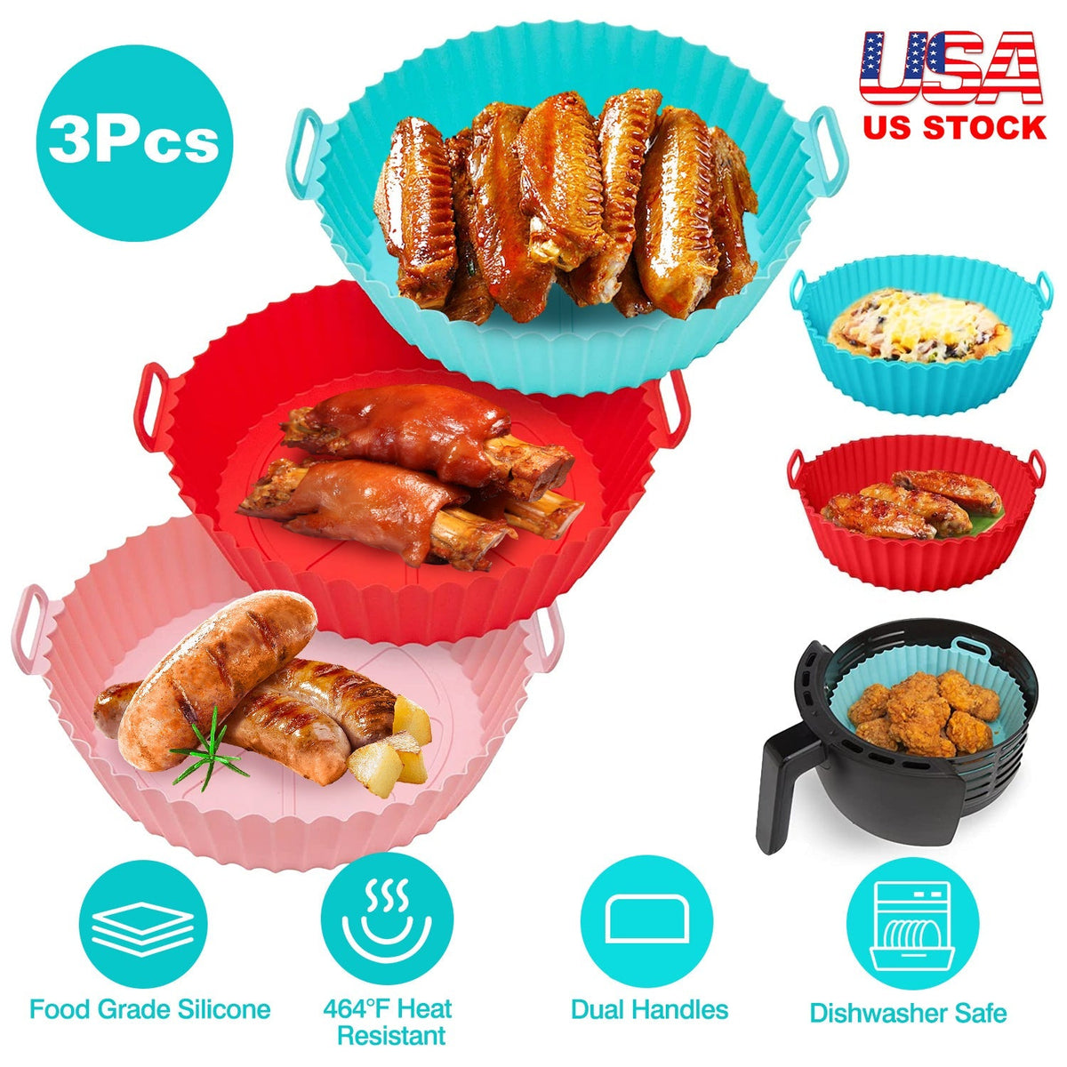 3Pcs Reusable Foldbale Air Fryer Silicone Pot 464¡F Heat Resistant Round Replacement of Parchment Liners 3 Food Grade Baking Basket Pans for 4+Quart A