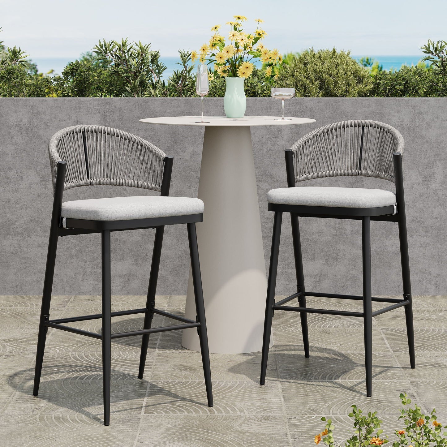 Outdoor Bar Height Metal Frame Counter Stools with Scallop-Shaped Backrest & Water-Resistant Cushions
