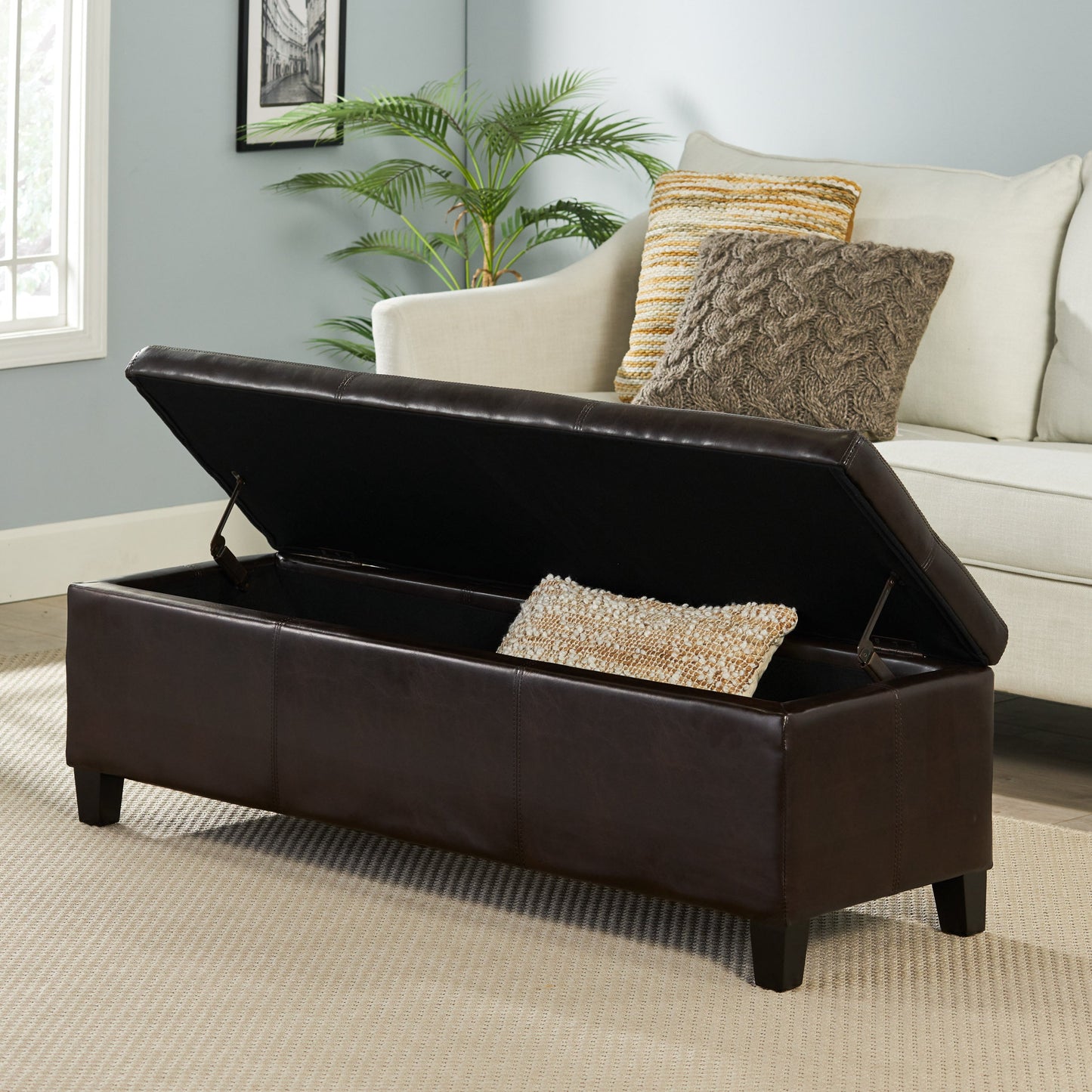 Upholstered PU Leather Storage Ottoman with Solid Wooden Legs