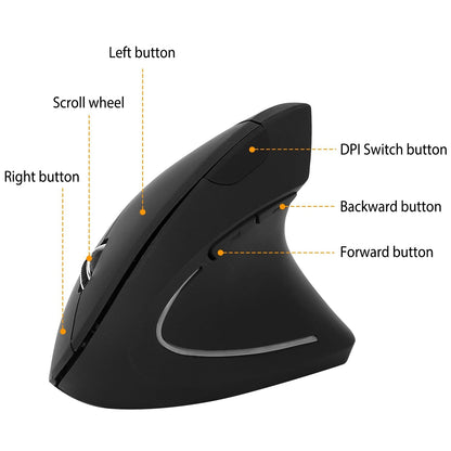 2.4G Wireless Vertical Mouse Ergonomic Optical Mice w/ 6 Buttons 3 Adjustable DPI 800/1200/1600 Levels for Laptop PC Computer