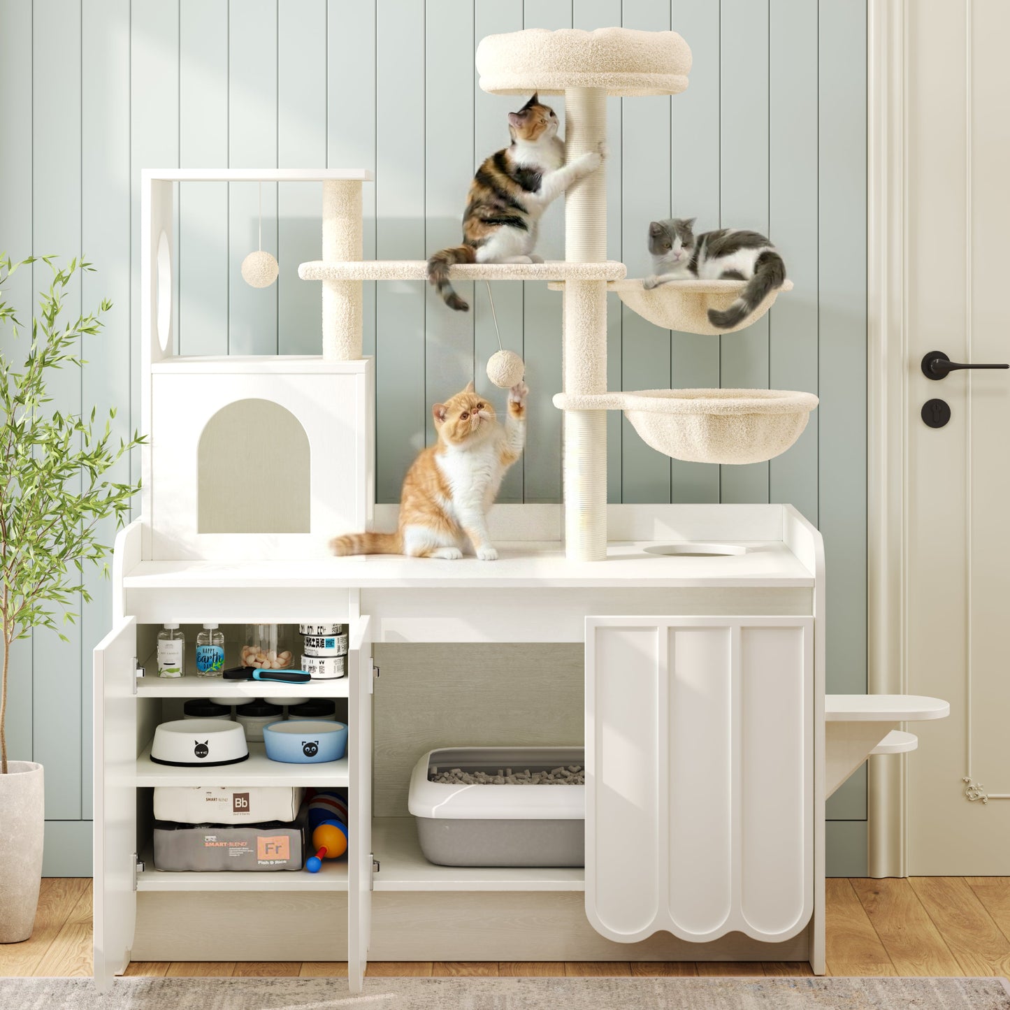50.6" Cat Tree with Litter Box Enclosure, Sisal Scratching Post & Storage