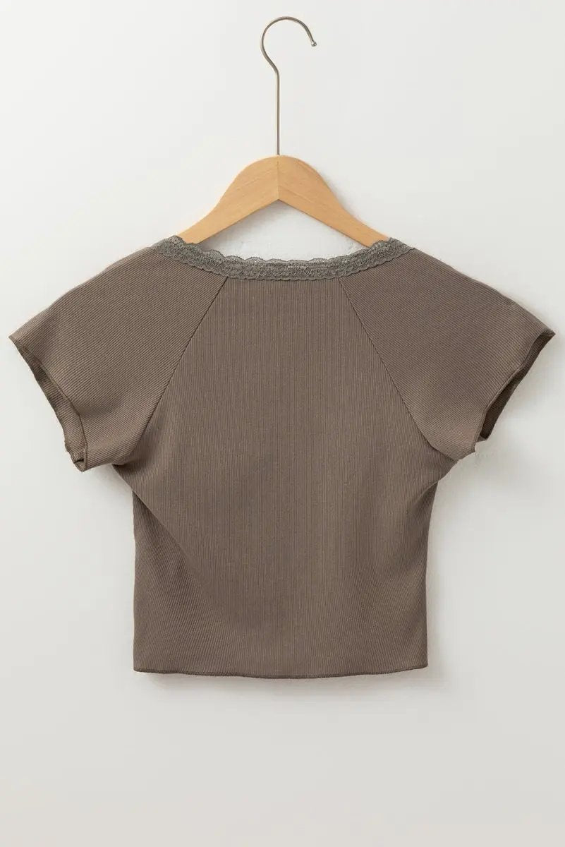 Accessories Love Salve Dark Brown Ribbed Tee Women's Daily Wear V-Neck Slim Fit T-Shirt