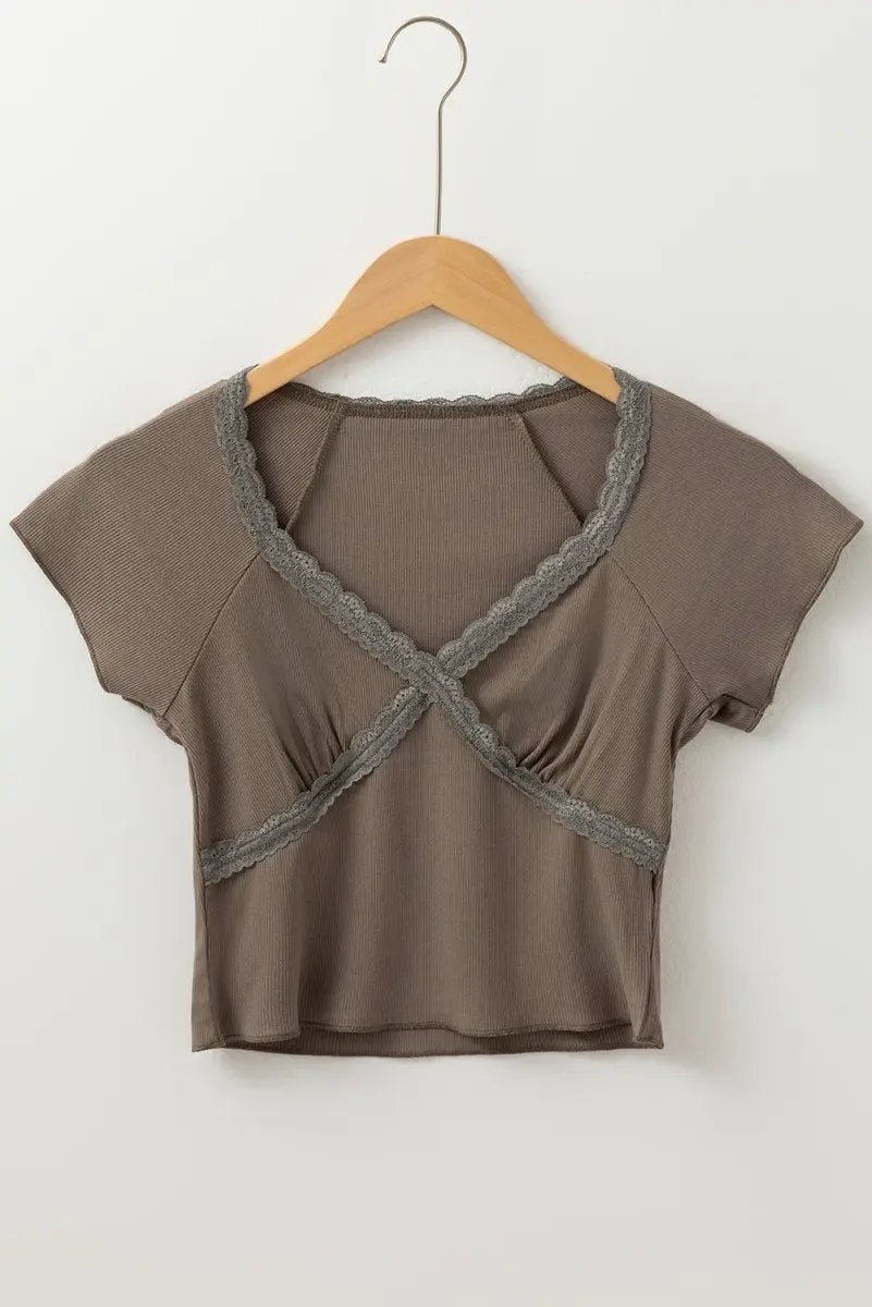 Accessories Love Salve Dark Brown Ribbed Tee Women's Daily Wear V-Neck Slim Fit T-Shirt