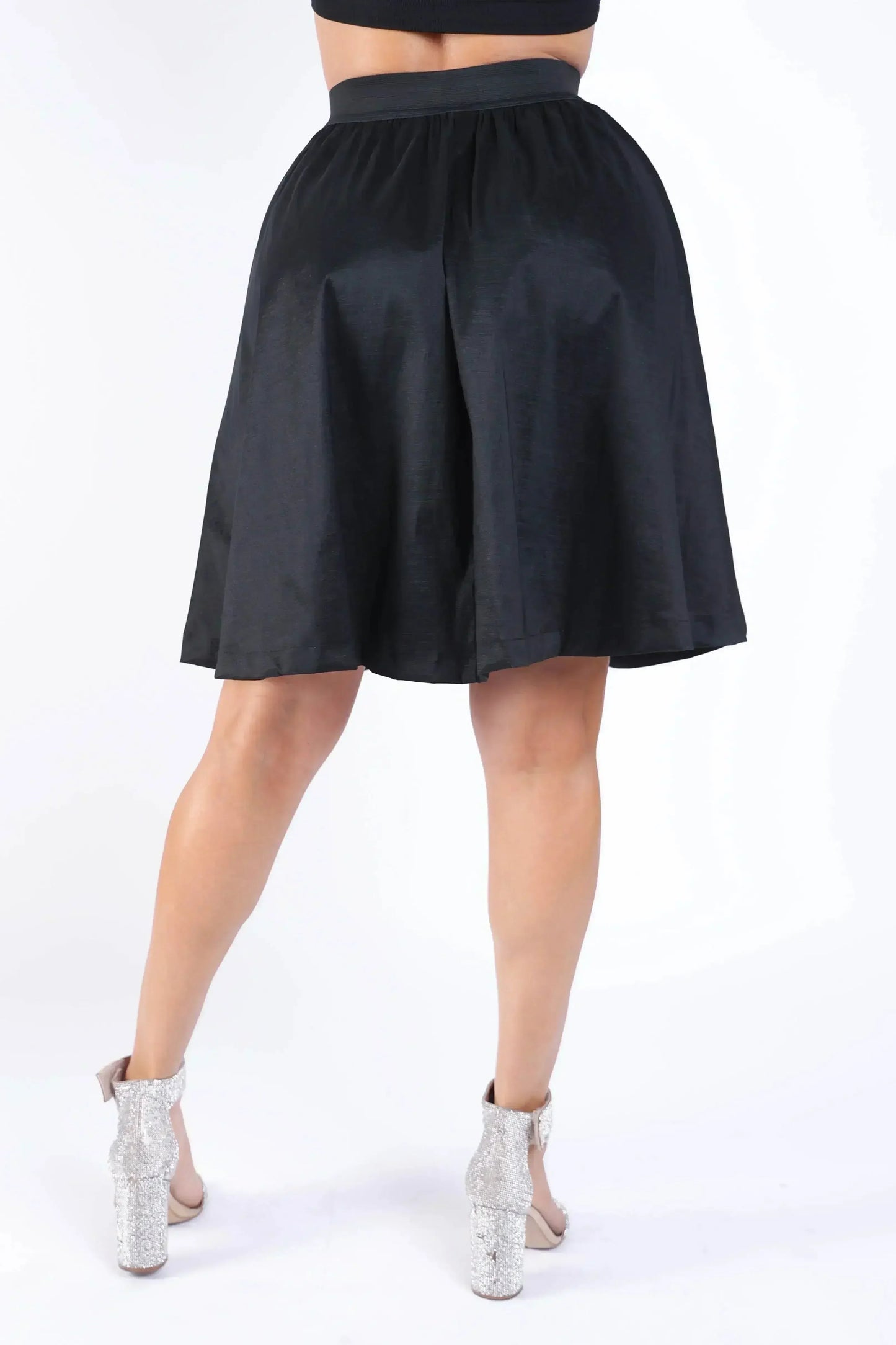 Casual Elastic High Waist Pleated Midi Flare Black Skirt