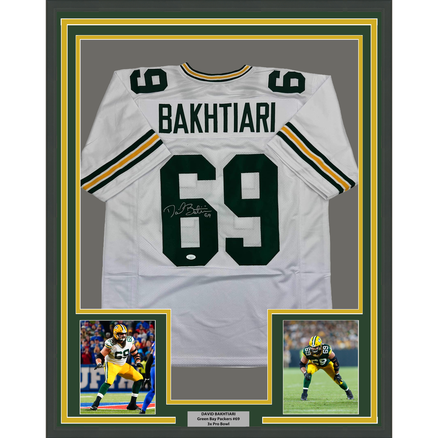 Framed Autographed/Signed David Bakhtiari 35x39 Green Bay White Football Jersey JSA COA