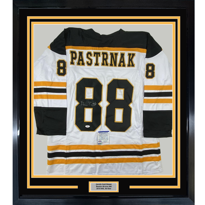 Framed Autographed/Signed David Pastrnak 35x39 Boston White Hockey Jersey PSA/DNA COA