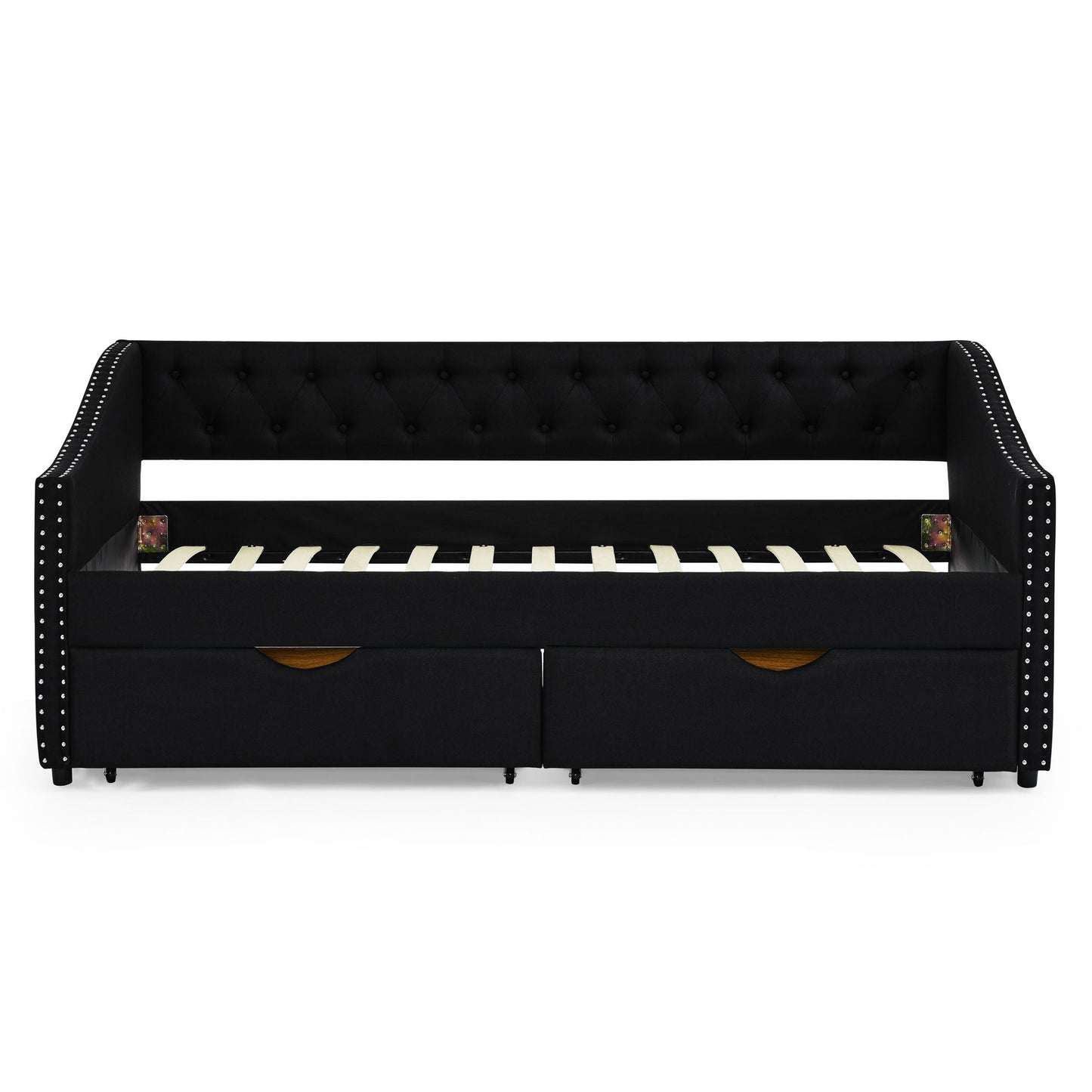 Upholstered Tufted Daybed With 2 Drawers, Waved Arms
