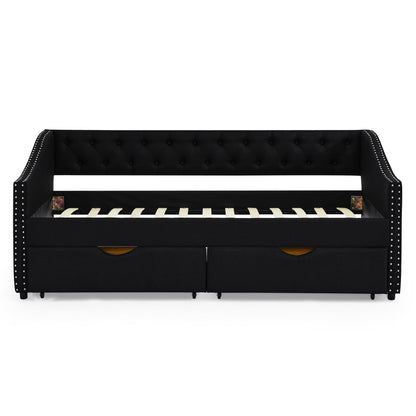 Upholstered Tufted Daybed With 2 Drawers, Waved Arms
