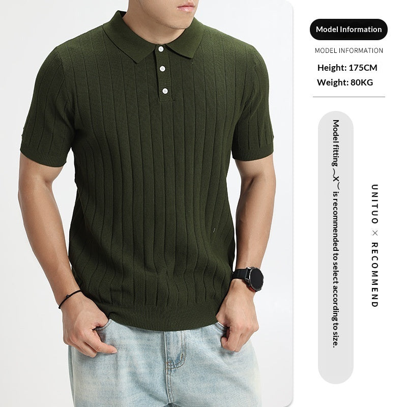 Mens Light-Luxury Rib-Knit Polo Shirt