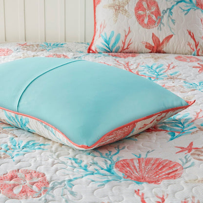 6 Piece Cotton Sateen Quilt Set with Throw Pillows Coral Full/Queen