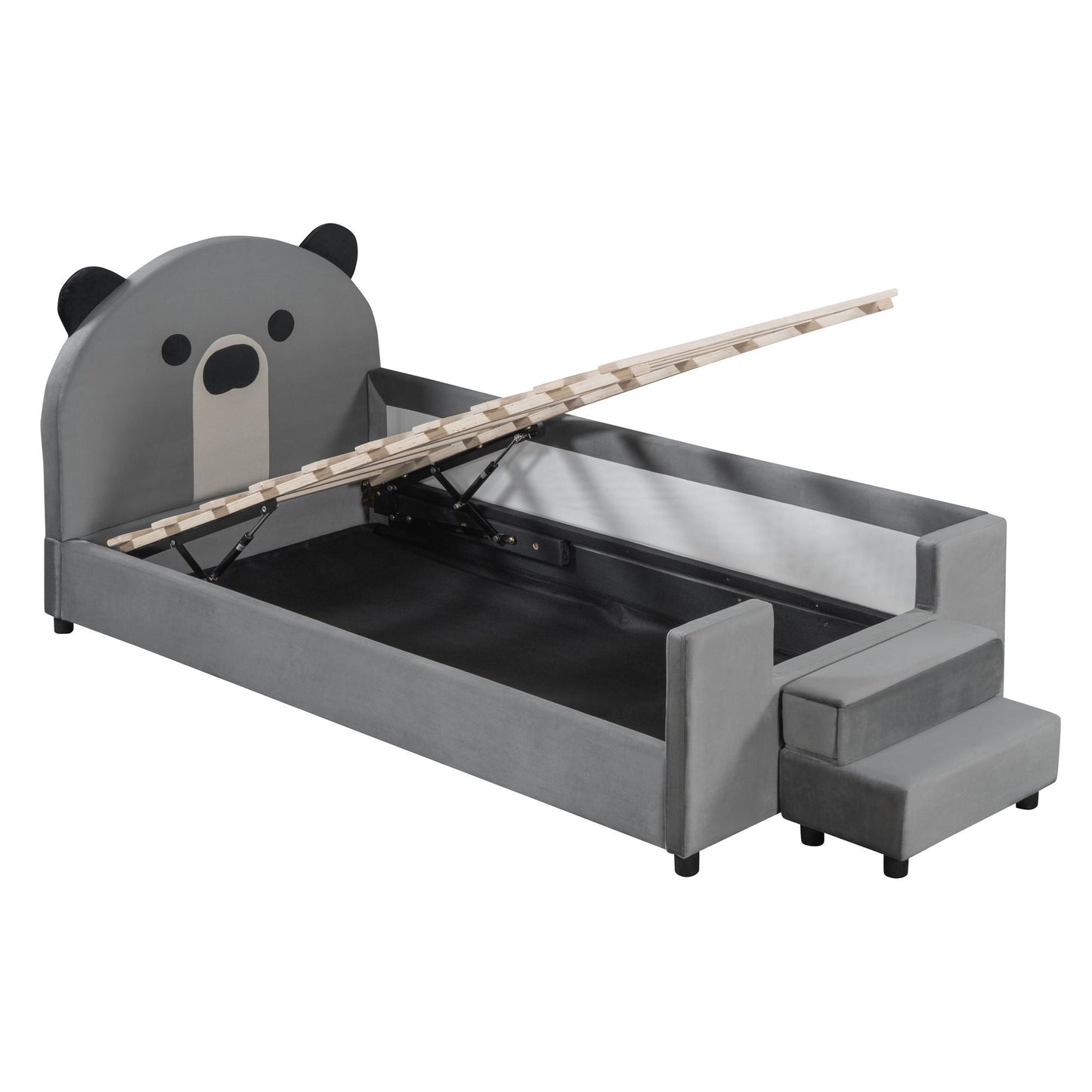 Upholstered Daybed With Bear Shaped Headboard, Hydraulic System And Breathable Fence
