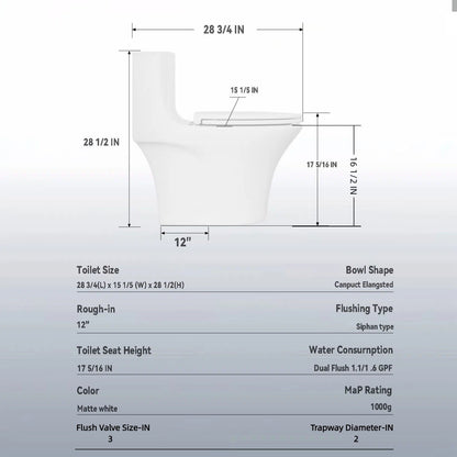 Elegant One Piece Toilet With Tornado Dual Flush, Siphonic S Trap 12", Soft Close Seat, Dual Flush, Ada Height, Glossy - Gloss White