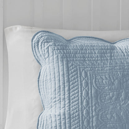 3 Piece Reversible Scalloped Edge Quilt Set - Blue King/Cal King