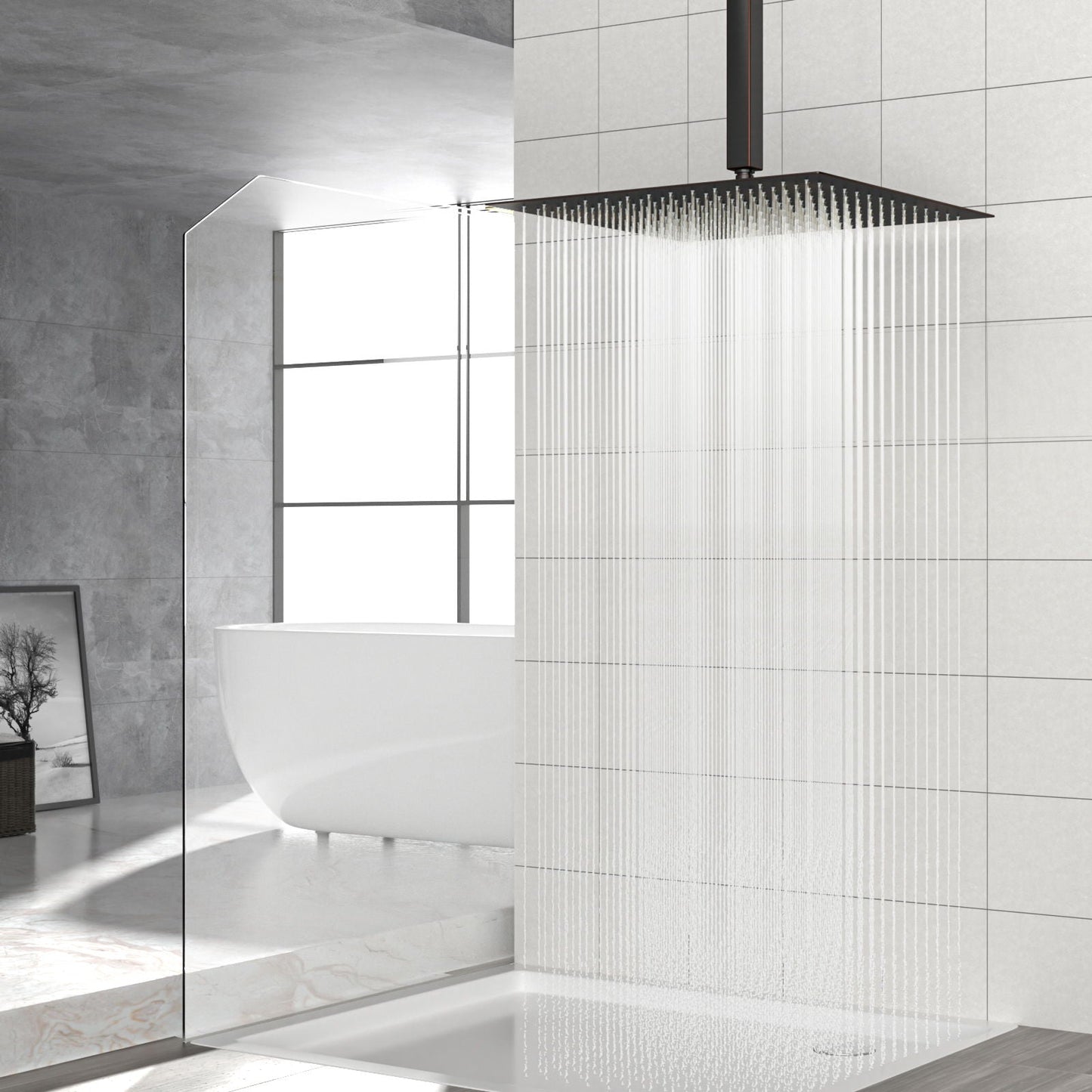 16" Square Rainfall Shower Head Fixed Wall Mount With Full Body Coverage & Self Cleaning Silicone Nozzles