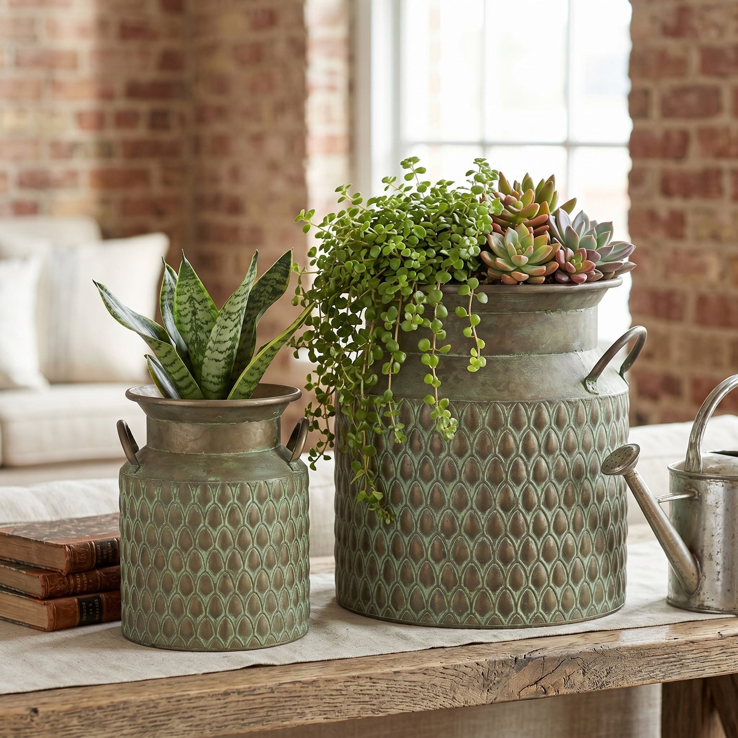 S/2 Iron Milk Jug Planters with Textured Green Finish