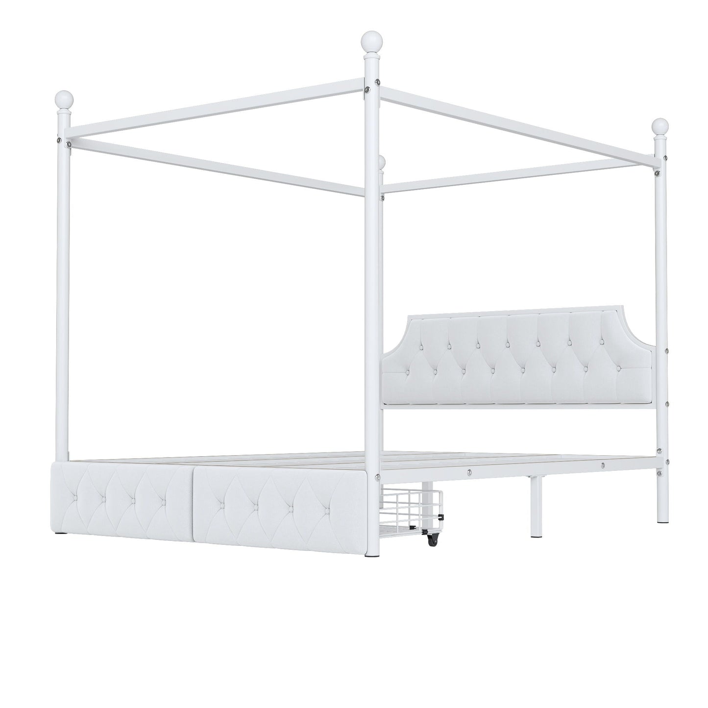 Queen Size Canopy Platform Bed With Upholstered Headboard And 2 Storage Drawers - White