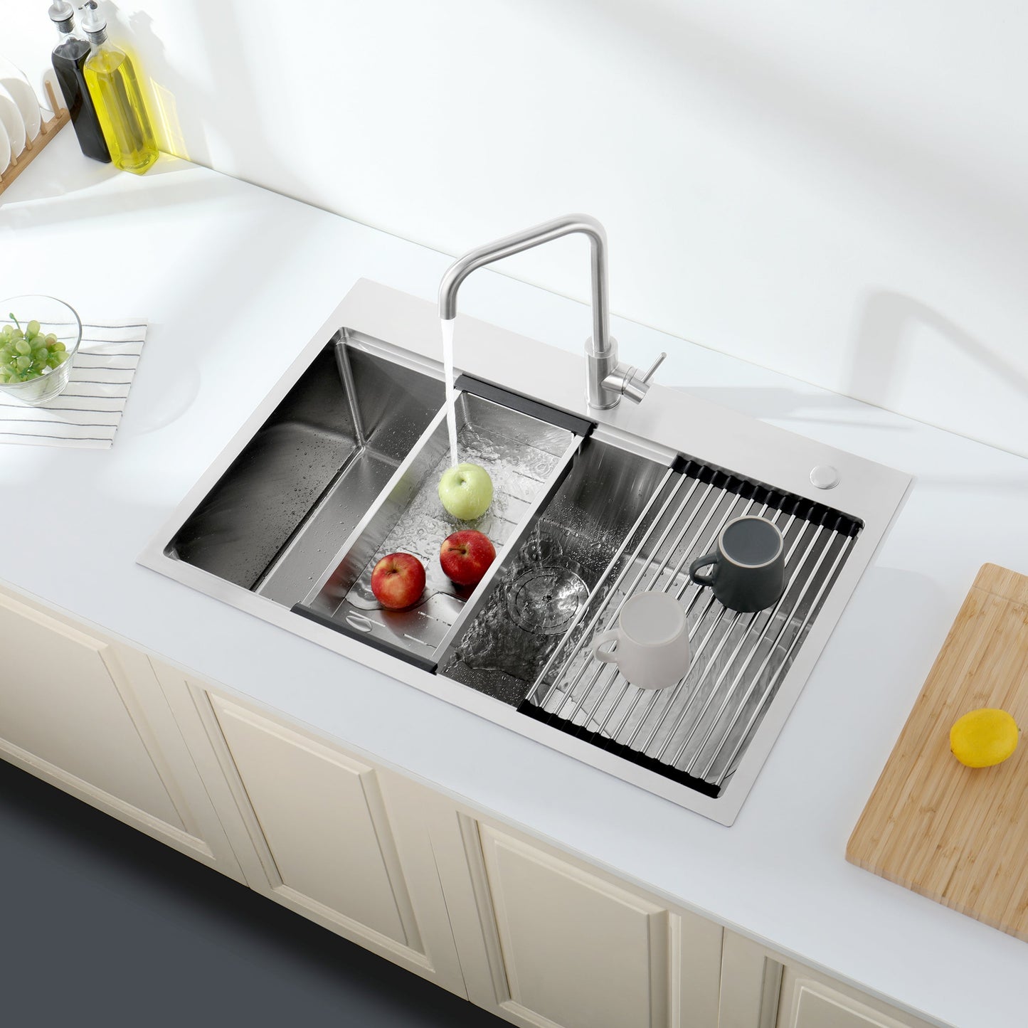 Stainless Steel Kitchen Sink, 33"x22" Single Bowl, Overmount Handmade Sink in Brushed
