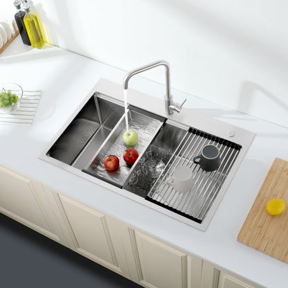 Stainless Steel Kitchen Sink, 33"x22" Single Bowl, Overmount Handmade Sink in Brushed