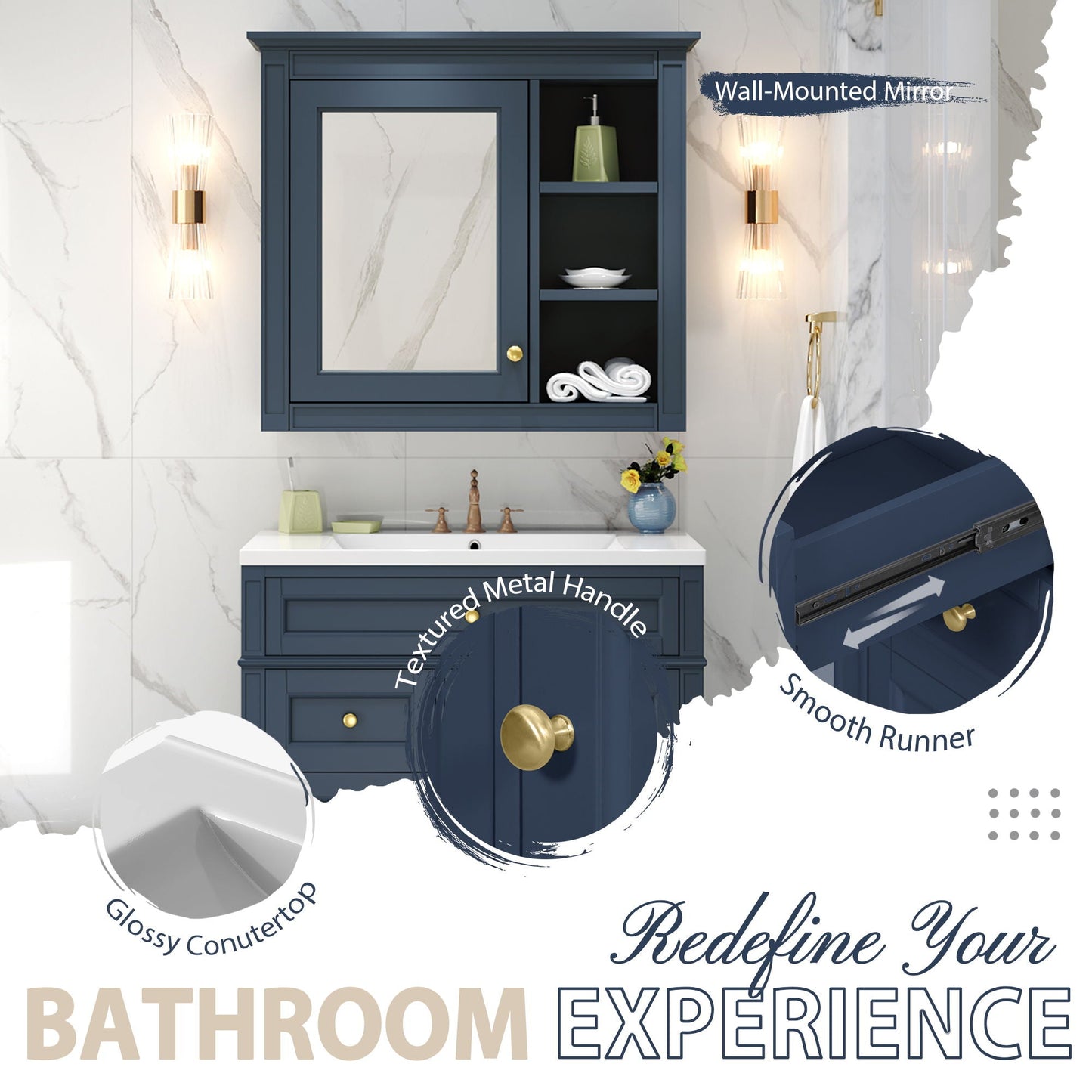 Bathroom Vanity With Medicine Cabinet, Royal Mirror Cabinet, Modern Bathroom Storage Cabinet With 2 Soft Closing Doors And 4 Drawers