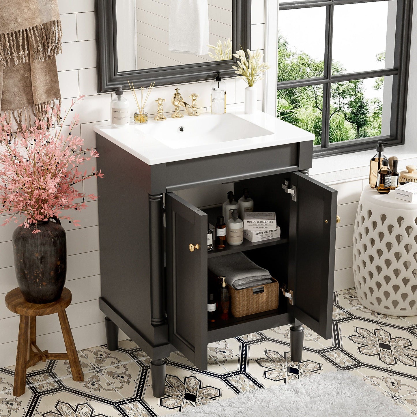 Bathroom Vanity With Top Sink, 2 Tier Storage Cabinet